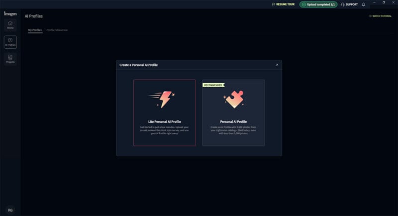 A dark-themed user interface with a popup window offering two profile options: "Lite Personal AI Profile" with a lightning bolt icon, and "Personal AI Profile" with a puzzle piece icon, marked as recommended. Buttons for "My Profiles" and "Profile Showcase" are visible.