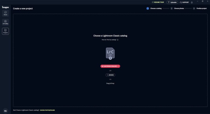 Screenshot of the Lightroom Classic start page showing options to create or choose a catalog. The screen is primarily dark with buttons for creating a new catalog and dragging and dropping files.