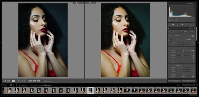 A split-screen image shows a woman posing with her hands near her face in a photo editing software. The left side is the unedited "Before" picture, and the right side is the edited "After" version. The interface displays various adjustment options.