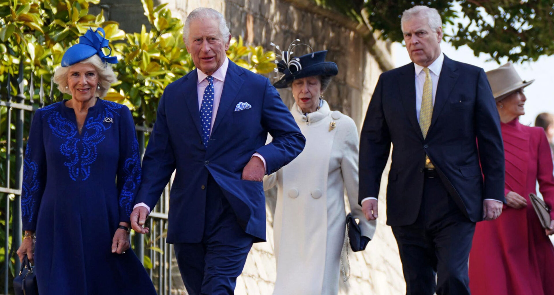 Queen Camilla, King Charles, Princess Anne, Prince Andrew and Duchess Sophie walking to church on Easter Sunday 2024