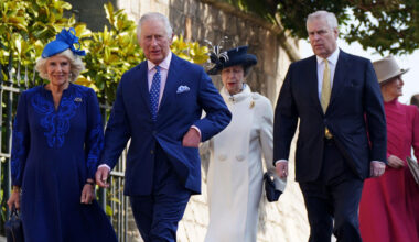 Queen Camilla, King Charles, Princess Anne, Prince Andrew and Duchess Sophie walking to church on Easter Sunday 2024