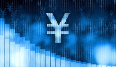 Digital illustration of a yen currency symbol at the center, with glowing blue pixelated background and descending bar graph elements on the left side, representing financial or economic data.