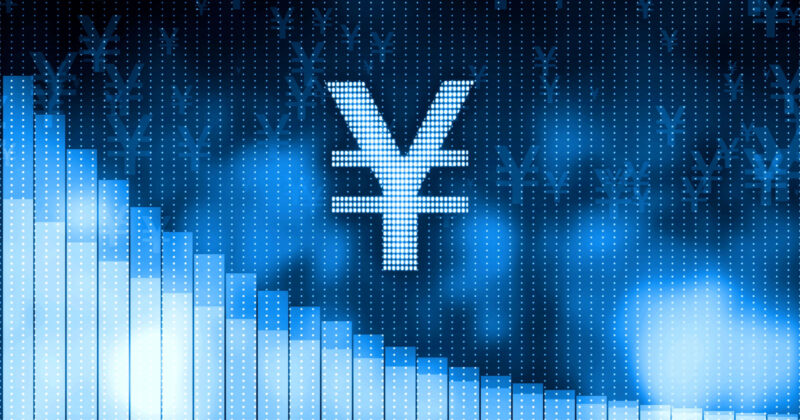 Digital illustration of a yen currency symbol at the center, with glowing blue pixelated background and descending bar graph elements on the left side, representing financial or economic data.