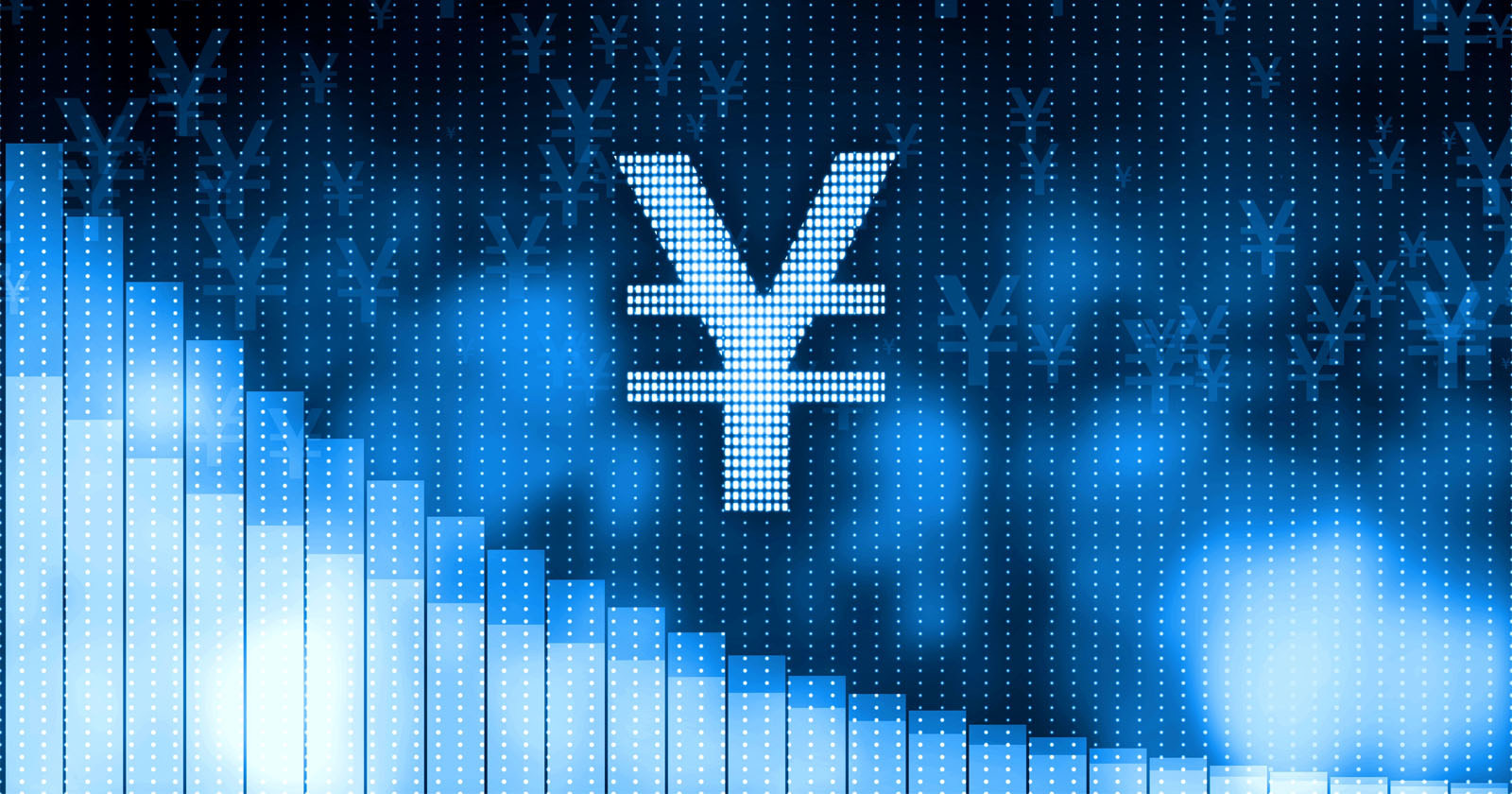Digital illustration of a yen currency symbol at the center, with glowing blue pixelated background and descending bar graph elements on the left side, representing financial or economic data.
