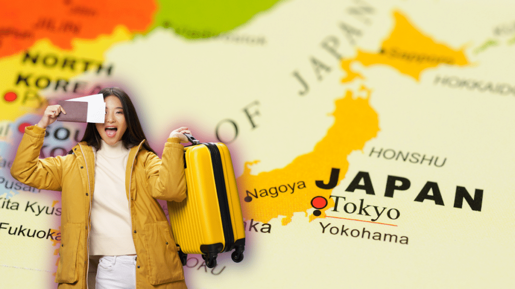 Japan repeat travelers - woman holding suitcase and plane tickets superimposed on an old-style map of Japan