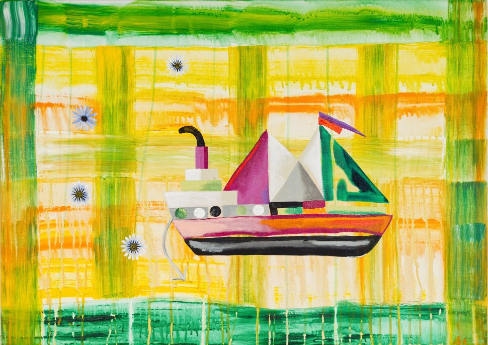 An image of a colorful painting by Lubaina Himid showing a stylized, geometric boat with sails and a smokestack, set against a vibrant yellow, green, and orange plaid background dotted with flat white flowers, titled So Many Dreams (2021–2022).