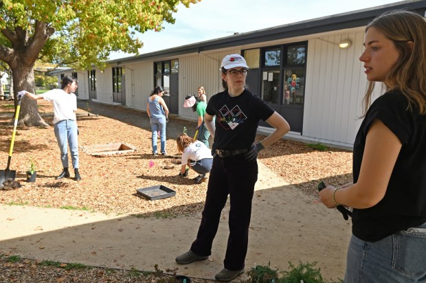 Erica Durwood, Sustainable Marin Schools program manager, center, chats with...