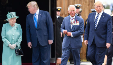 Queen Elizabeth and Donald Trump next to a photo of King Charles and Donald Trump