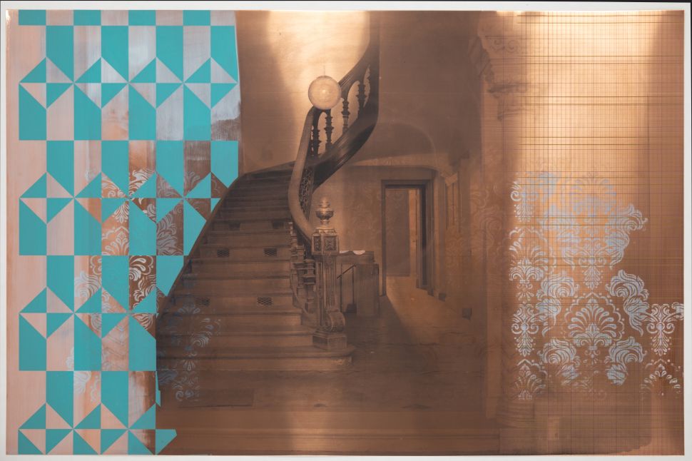 An image of a mixed-media work by Magda Stawarska titled Shimmering Moment, combining a vintage sepia-toned photograph of a spiral staircase with turquoise geometric screenprints and delicate damask-like motifs layered over the surface.