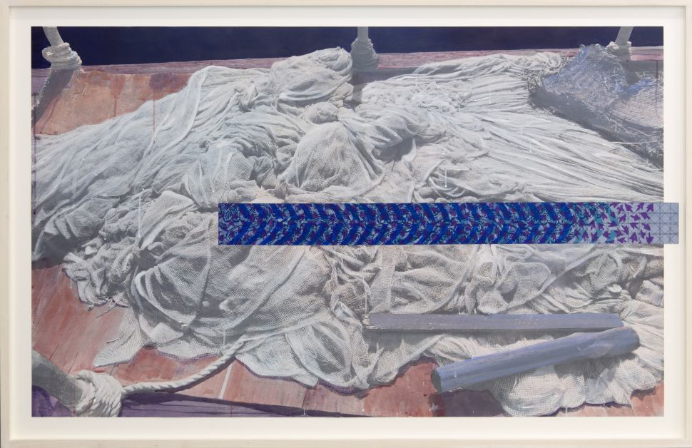 An image of a photographic print by Magda Stawarska titled Tensio, showing crumpled fishing nets strewn across the deck of a wooden boat, with a horizontal strip of vibrant purple and blue patterned material collaged across the center.