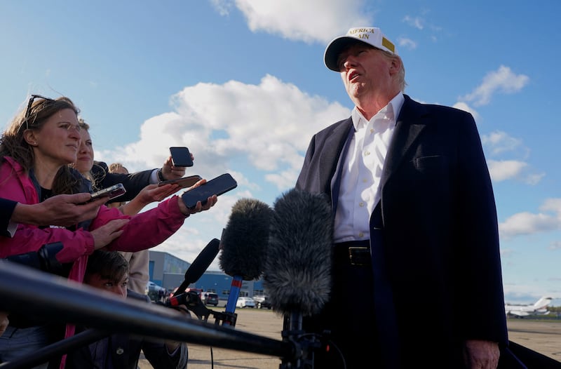 U.S. President Donald Trump speaks to the media before boarding Air Force One en route to Washington, D.C, at Morristown Municipal Airport in Morristown, New Jersey, U.S., April 27, 2025. REUTERS/Nathan Howard