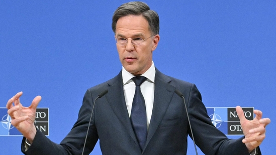 NATO Secretary General Mark Rutte gestures as he addresses the audience during a final press conference as part of the meeting of North Atlantic Treaty Organization (NATO) Ministers of Foreign Affairs at NATO's headquarters.(AFP)