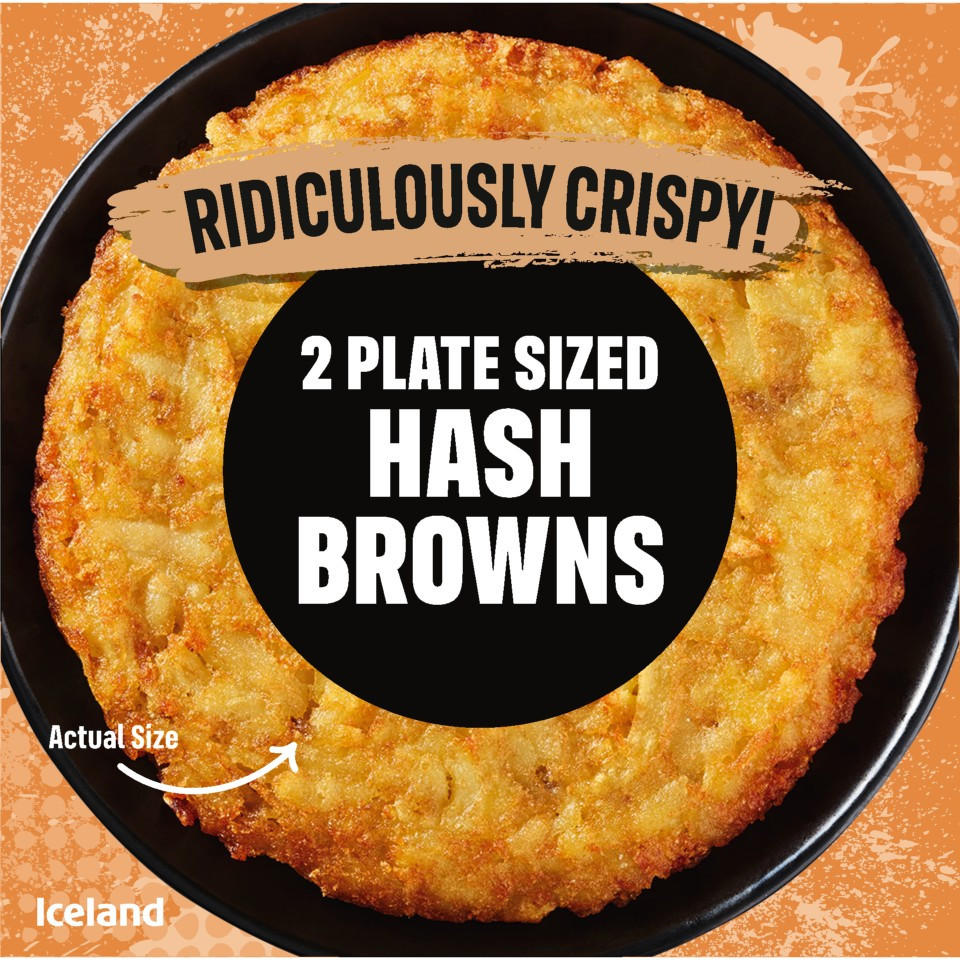Two plate-sized, ridiculously crispy hash browns.