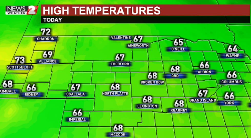 Highs in the upper 60s for Tuesday across the region.