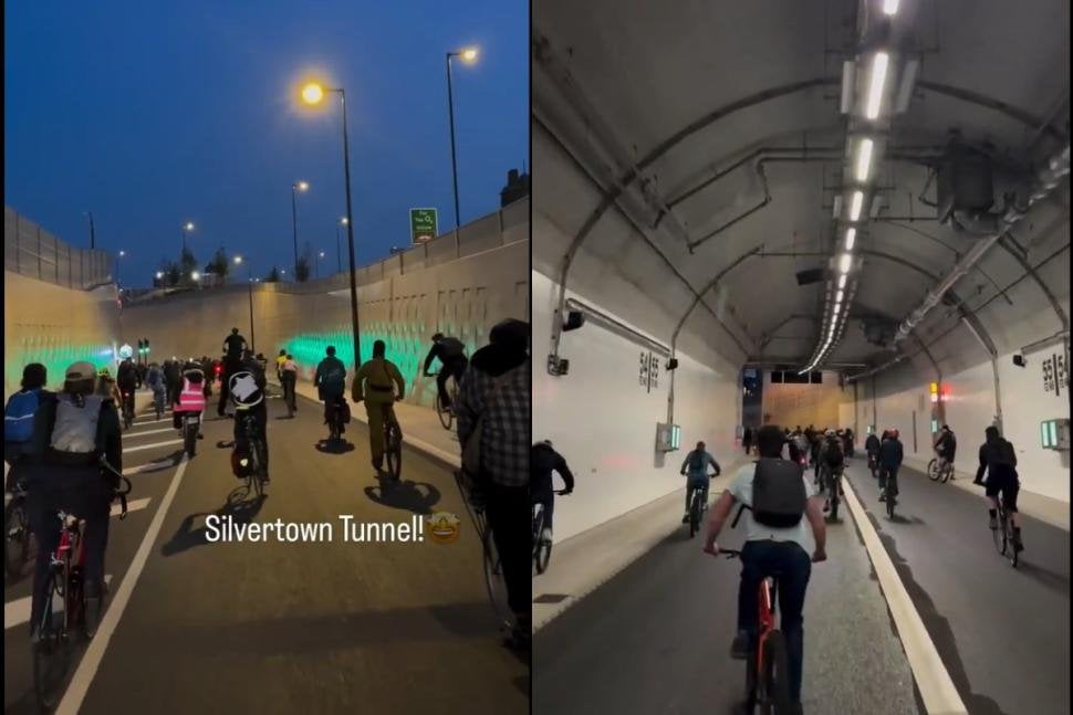 "Mass trespass" sees hundreds cycle through controversial Silvertown Tunnel where cyclists have to catch "greenwashing" bus due to lack of bike route