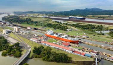 A tanker transits through the Panamax locks of the Panama Canal. Photo courtesy Panama Canal Authority