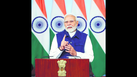 Prime Minister Narendra Modi speaks during the distribution of more than 51,000 appointment letters to newly appointed youth in various Government departments and organisations through video conferencing, in New Delhi on Saturday. (DPR PMO)
