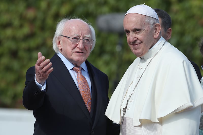 Pope Francis with President Michael D Higgins at Áras an Uachtaráin in Dublin's Phoenix Park in August 2018. Photo: Danny Lawson/PA Wire