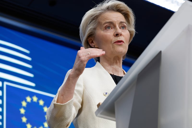 European Commission President Ursula von der Leyen addresses a media conference at an EU Summit in Brussels (Omar Havana/AP)
