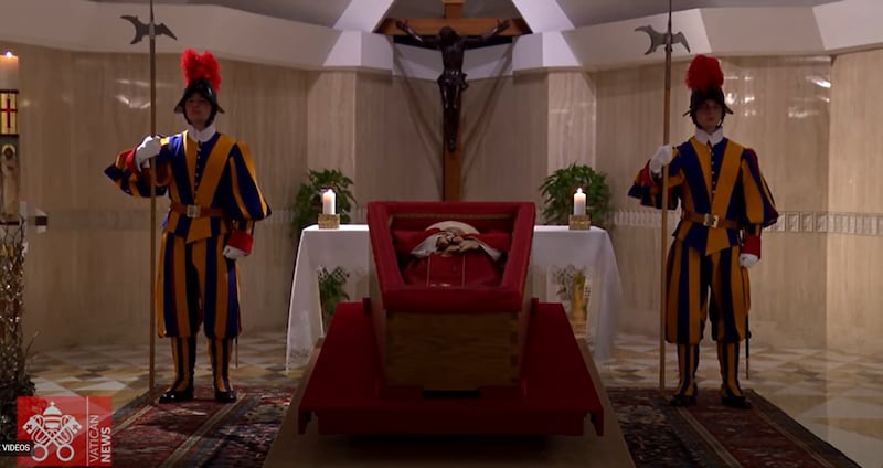 Pope Francis in his open casket, lying in his apartment. Screengrab from video by Vatican Media