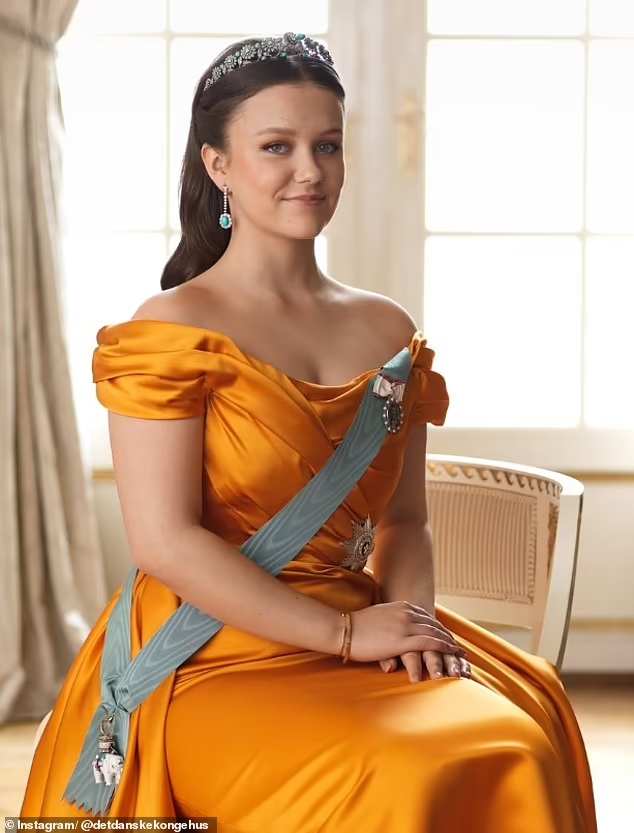 Princess Isabella wearing a gold gown sitting in a chair in 18th birthday portrait