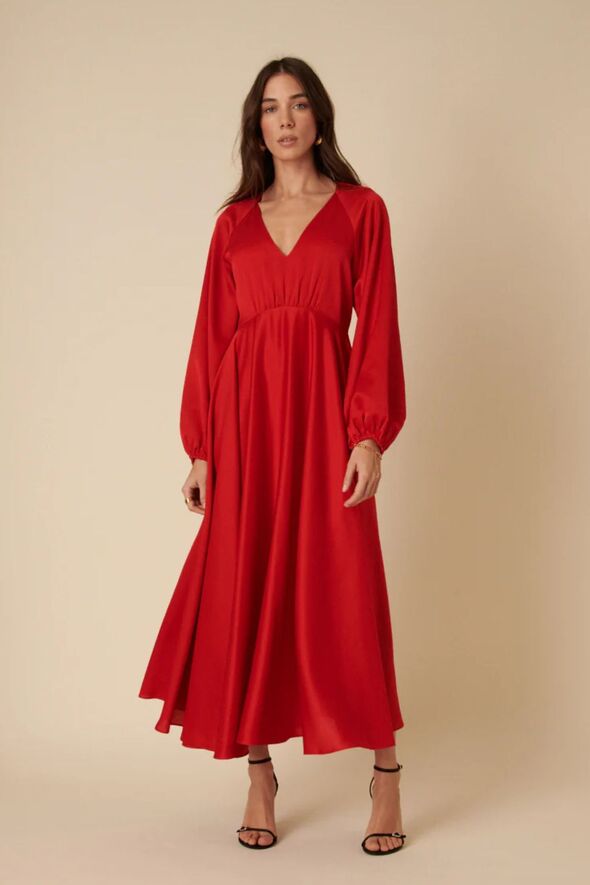 Red Balloon Sleeve Ace Maxi Dress