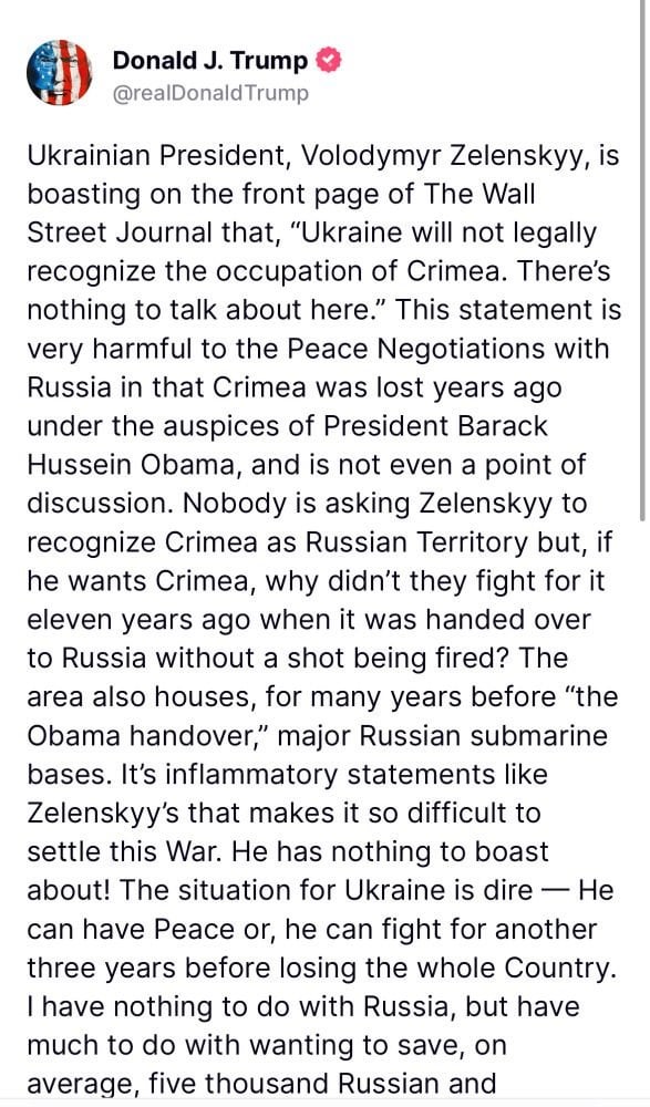 And there it is. Trump comes out in favor of codifying Russia’s illegal annexation of Crimea and blames Zelenskyy for Putin’s aggression.