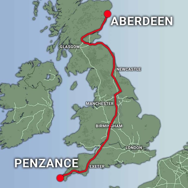 Aberdeen to Penzance train route