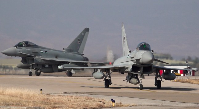ANKARA, TURKIYE - DECEMBER 18: (----EDITORIAL USE ONLY - MANDATORY CREDIT - DEFENSE MINISTRY OF TURKIYE / HANDOUT' - NO MARKETING NO ADVERTISING CAMPAIGNS - DISTRIBUTED AS A SERVICE TO CLIENTS----) Eurofighter Typhoon jets from the UK's Royal Air Force land at Murted Air Base in Ankara for inspection by Turkish officials on December 18, 2024. Two Eurofighter jets, which recently participated in a drill in Qatar, arrived in Ankara for inspection by Turkish officials due to potential purchase. (Photo by Turkish Defense Ministry / Handout/Anadolu via Getty Images)