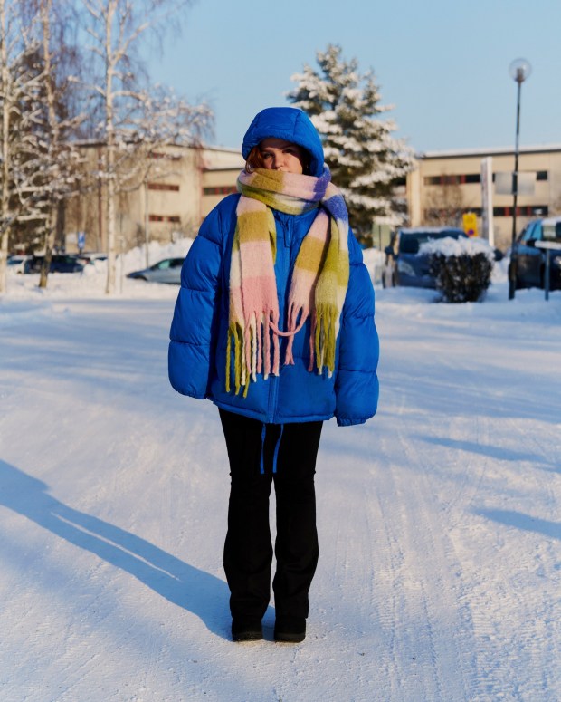Clara Paasimaki, a high school student at Karleby Svenska Gymnasium, in Kokkola, Finland on Feb. 22, 2023. ​​"We are very privileged and we know our privilege," said Paasimaki, "so we are also scared to say that we are discontent with anything, because we know that we have it so much better than other people," especially in non-Nordic countries. (Jake Michaels/The New York Times)