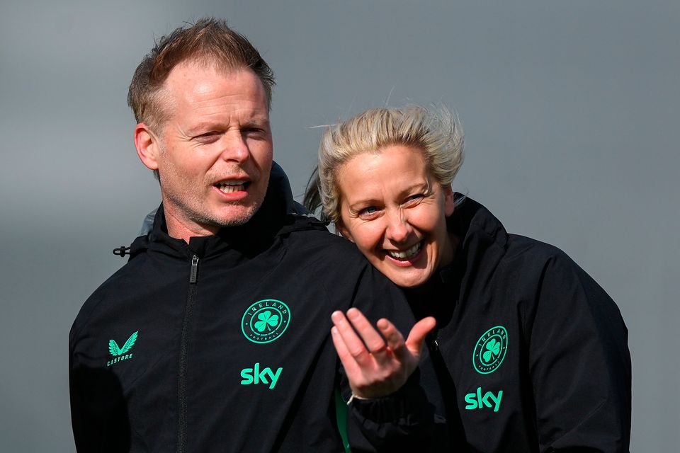 Head coach Carla Ward and assistant head coach Alan Mahon during an Ireland women's training session at the FAI National Training Centre in Abbotstown, Dublin. Photo: Stephen McCarthy/Sportsfile
