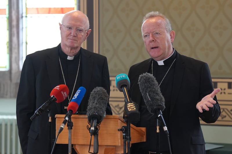 Archbishop of Dublin Dermot Farrell (left) with Archbishop of Armagh Eamon Martin speaking to the media in Armagh on Monday. Photo: Liam McBurney/PA Wire