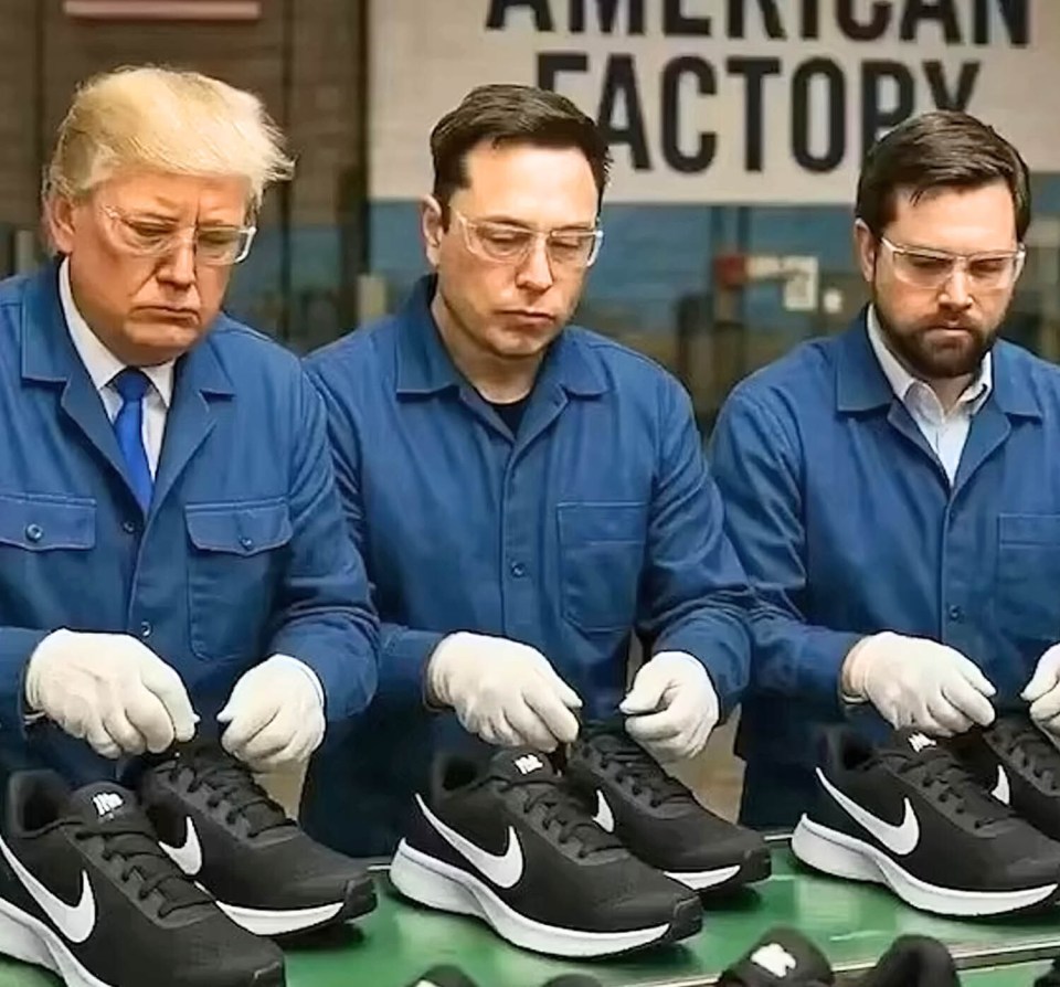 Donald Trump, Elon Musk, and another man assembling Nike shoes in a factory.