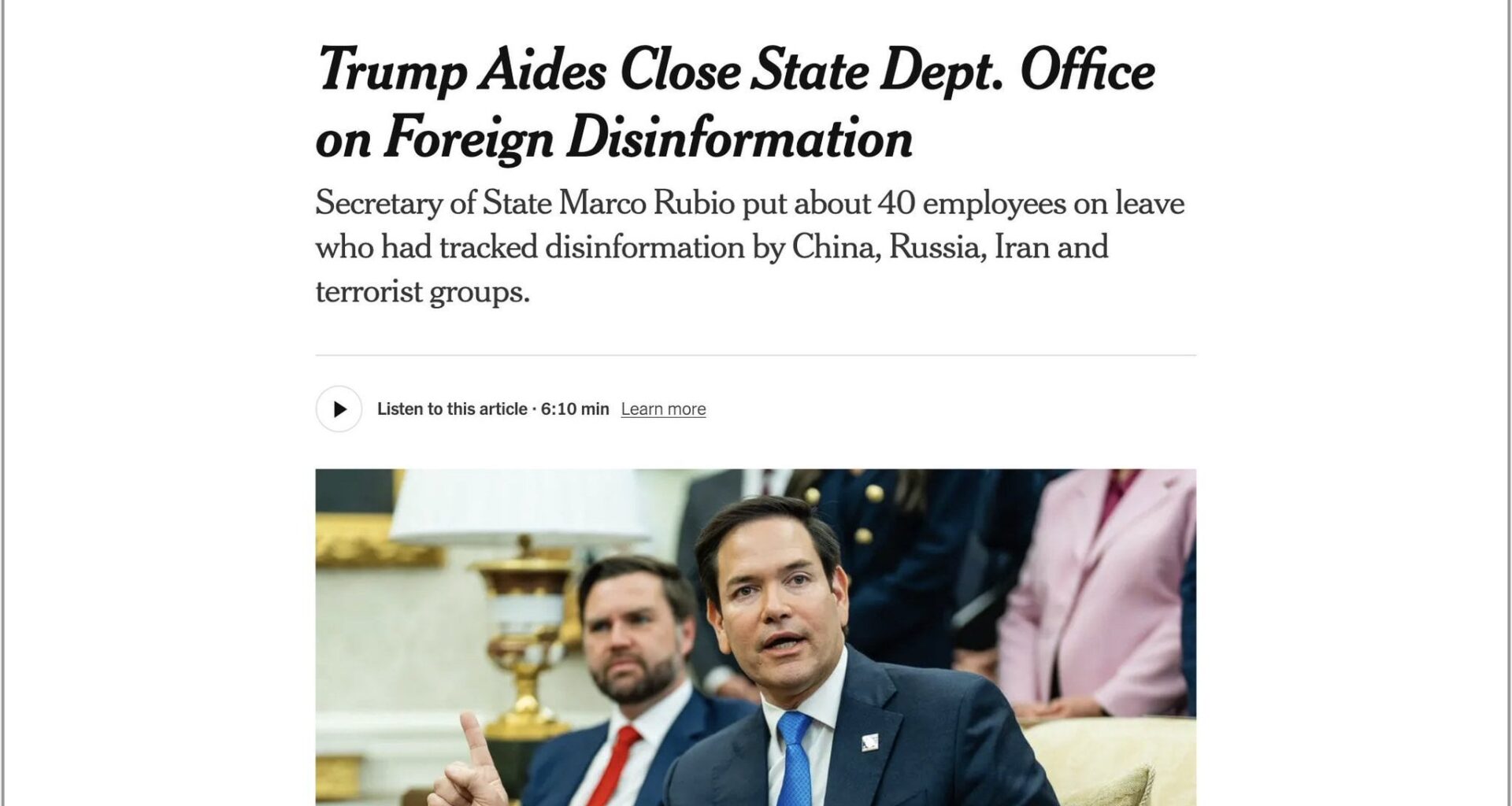 Trump's team sides with Russia as they announced the closure of the State Department's Counter Foreign Information Manipulation & Interference (R/FIMI) office, which combats Russian disinformation. They say this will protect Americans "free speech."