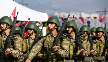 Turkish soldiers Military walking on Republic Day of Turkey. Alsancak Izmir Turkey.