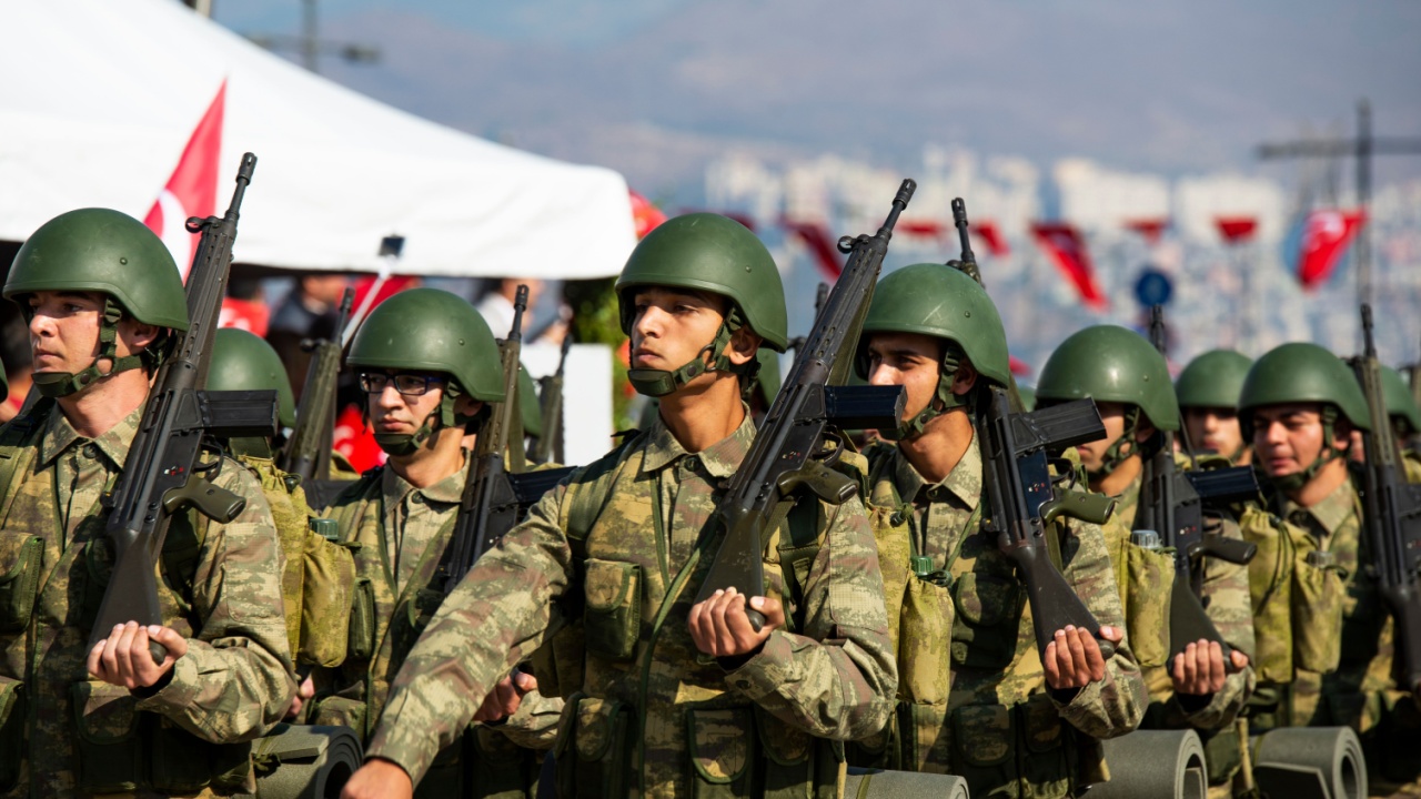 Turkish soldiers Military walking on Republic Day of Turkey. Alsancak Izmir Turkey.