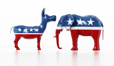 Republican and Democrat party political symbols elephant and donkey. 3D illustration.