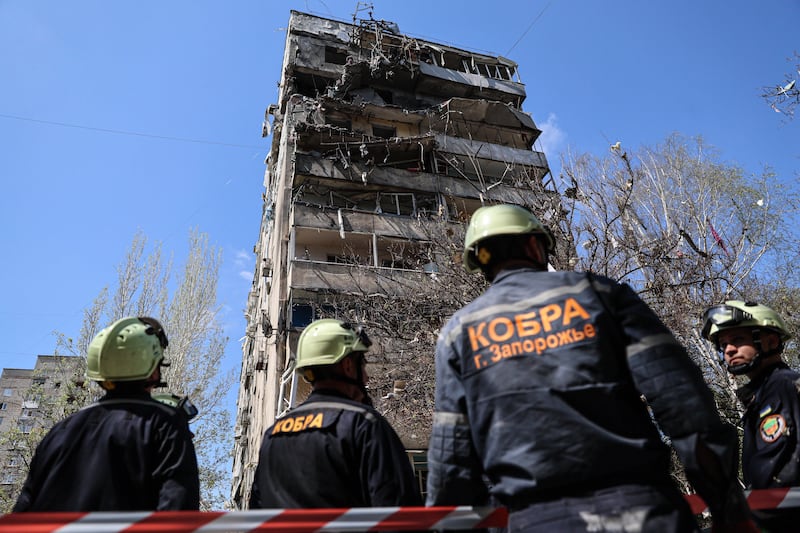 A multi-storey building was damaged by a Russian strike on a residential neighbourhood in Zaporizhzhia (Kateryna Klochko/AP)