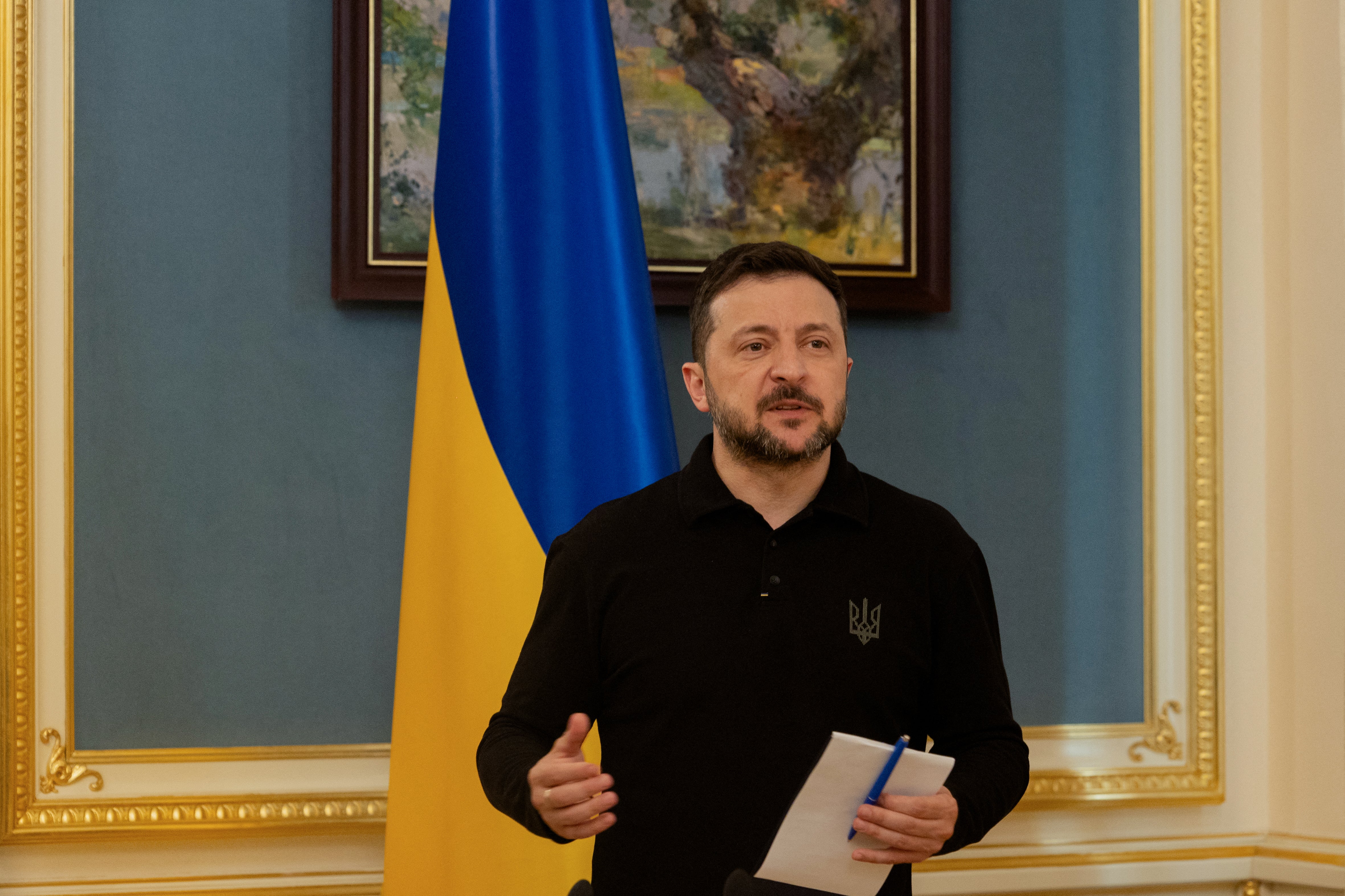 Ukraine's president Volodymyr Zelensky delivers a press conference in Kyiv on 22 April 2025, amid the Russian invasion of Ukraine