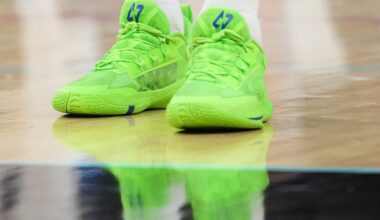 Detailef view of the shoes of Minnesota Timberwolves guard Donte DiVincenzo