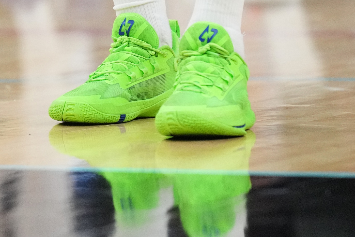 Detailef view of the shoes of Minnesota Timberwolves guard Donte DiVincenzo