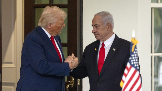 US President Donald Trump and Israeli PM Benjamin Netanyahu spoke to reporters in the Oval Office after their highly anticipated meeting amid the ongoing Israel- Hamas war.(AP)