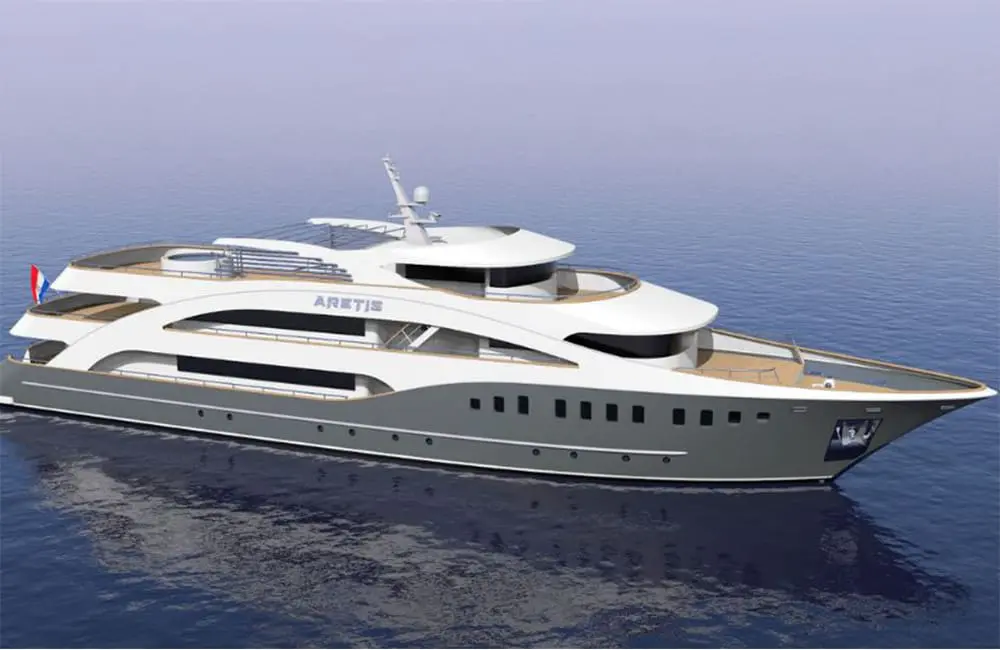 Render of MV Aretis yacht in the water. Image: Unforgettable Croatia