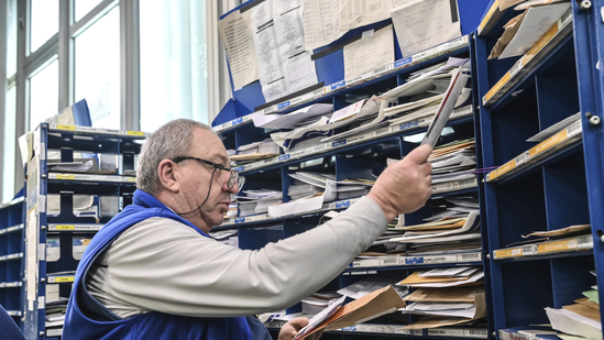 Letters addressed to Pope Francis are sorted at Leonardo da Vinci International Airport's postal sorting center in Fiumicino some 30 kilometers south-west of Rome, Wednesday, March 19, 2025. (AP)