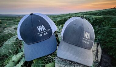 Two Walla Walla baseball caps sit on a vine with a glowing sunset in the background
