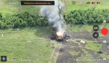 A russian BMP-2 is on fire and explodes after being hit by a Ukrainian FPV kamikaze. West of the village of Mykolayivka Druha, Donetsk region.