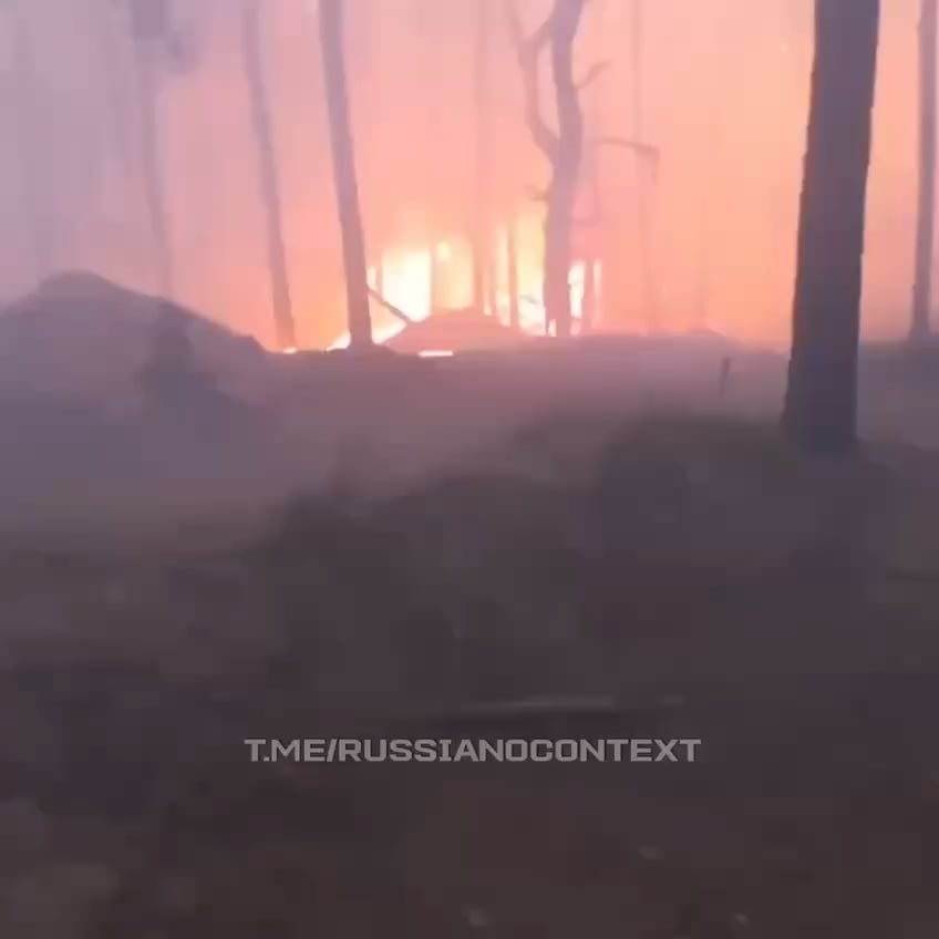 All dugouts of a russian position burned to the ground after Ukrainian drone strikes at night. Unknown location and time