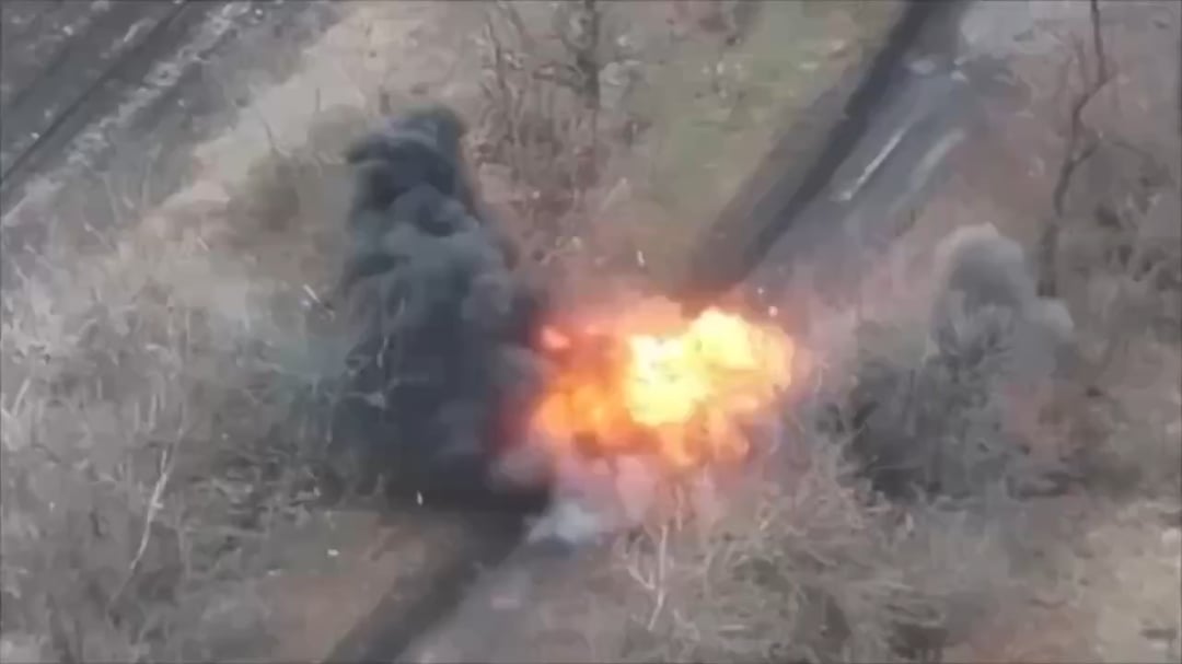 2 Russian soldiers on a motorbike hit a mine. Observed by Ukrainian recon drone. April 2025