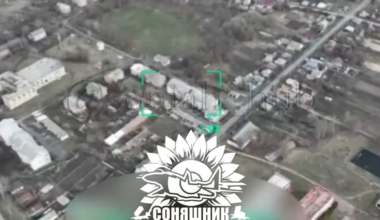 A Mig-29 fighter jet using a guided French AASM HAMMER aerial bomb destroyed the headquarters of Russian troops in the village of Tyotkino in the Kursk region. April 2025.
