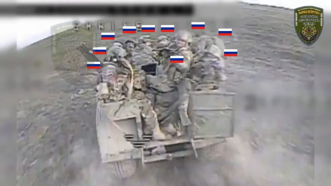 10 Russian soldiers on a truck hit by Ukrainian FPV drone operated by pilot of the 110th Mechanized Brigade. Zaporizhzhia front. April 13, 2025